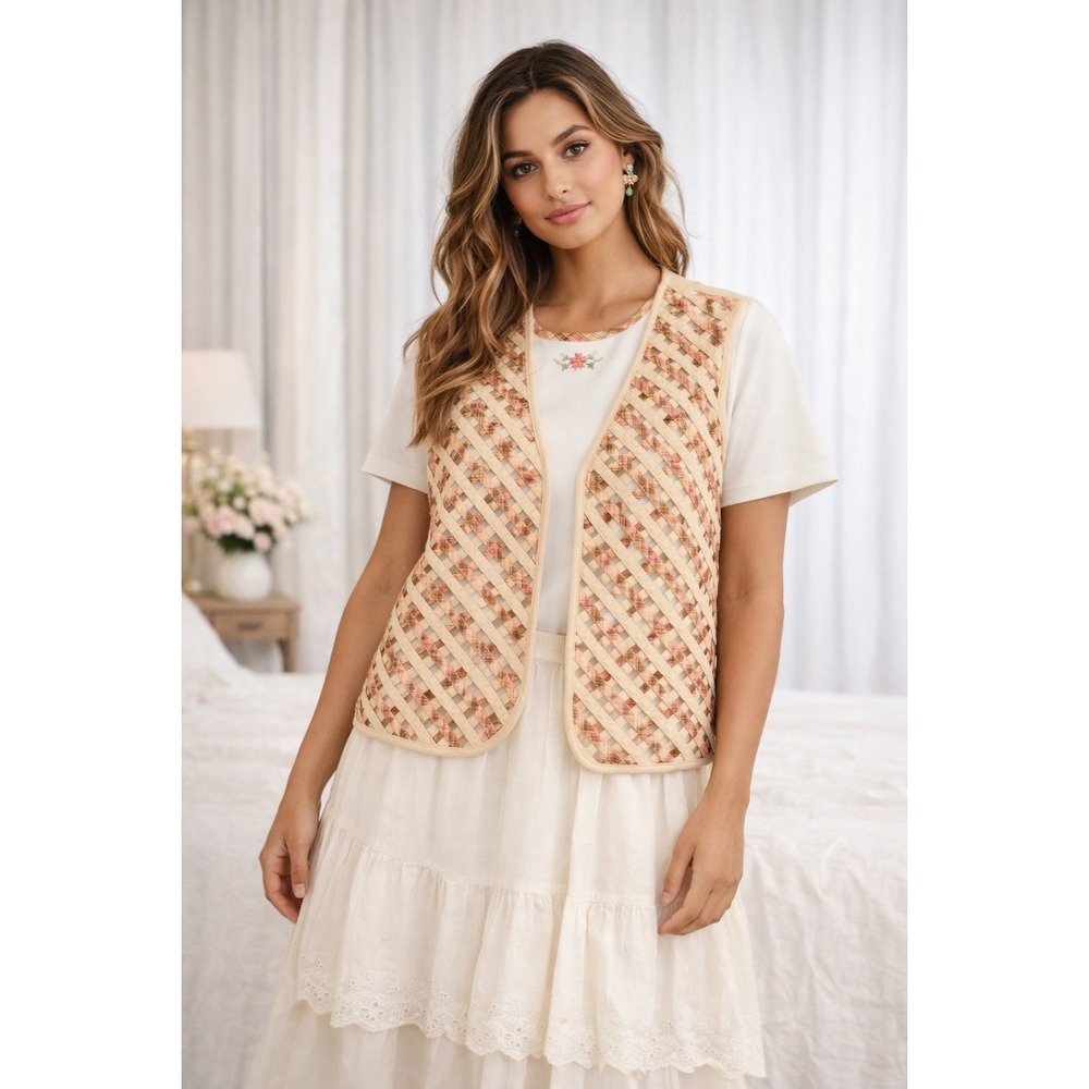 Alfred Dunner Vest Top Womens 10 Cream Plaid Grannycore Cottagecore Layered